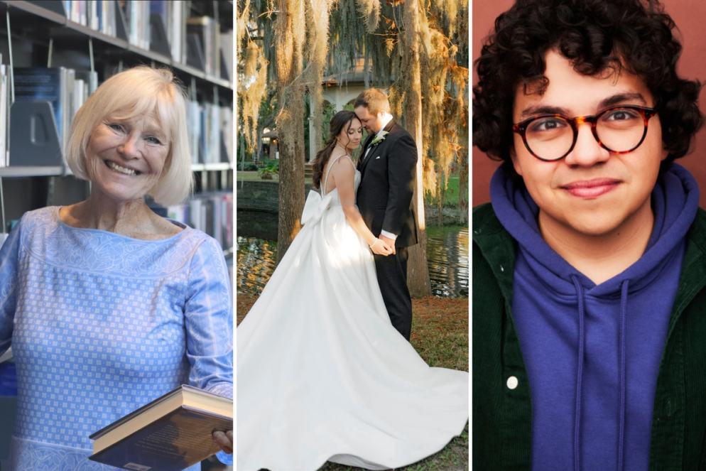 Three photos of Rollins alumni: A woman in a library holding a book and smiling, a bride and groom standing among oak trees, and a young man's headshot.