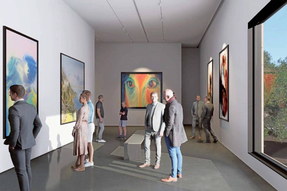 Rendering of people inside of a museum gallery