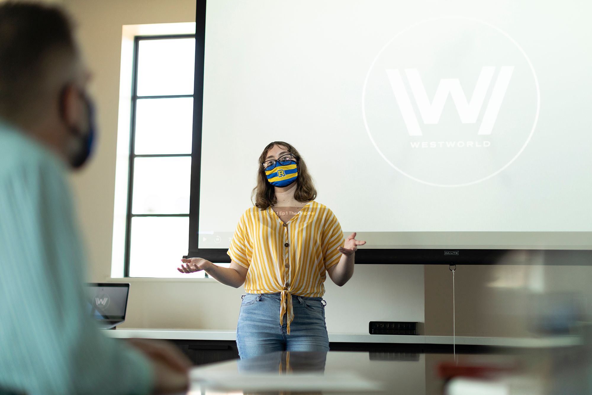 Emily O’Malley presents research ideas to English professor Paul Reich.