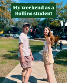 Two students walking on a path with the title "My weekend as a Rollins student" over them.