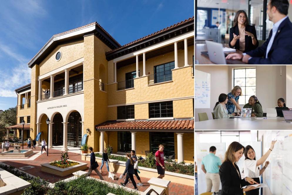Exterior of Kathleen W. Rollins Hall and students and professors engaging in classroom settings and advising sessions