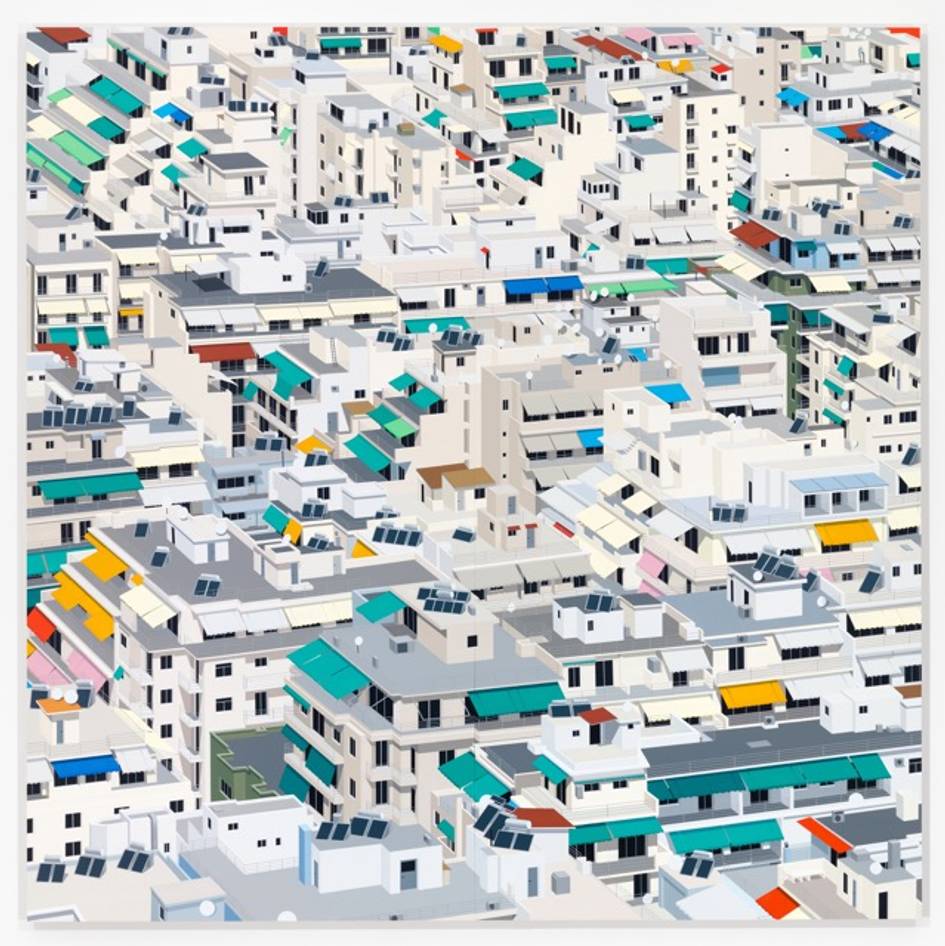 Stylized aerial view of a dense city with white buildings and colorful awnings.