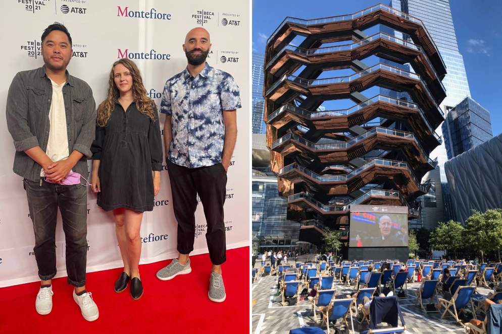 Evan Mascagni ’08, Shannon Post ’08, and Nick Capezzera ’08 on the red carpet for the premiere of their documentary at Tribeca Film Festival.