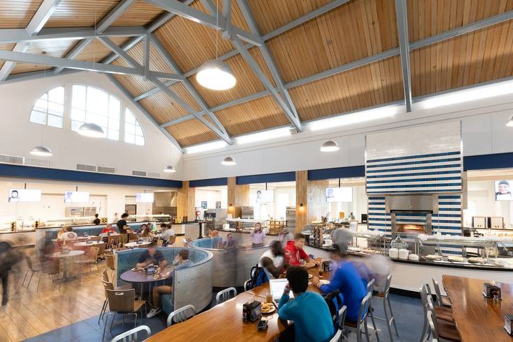 Students dining in the main marketplace, Skillman Dining Hall.