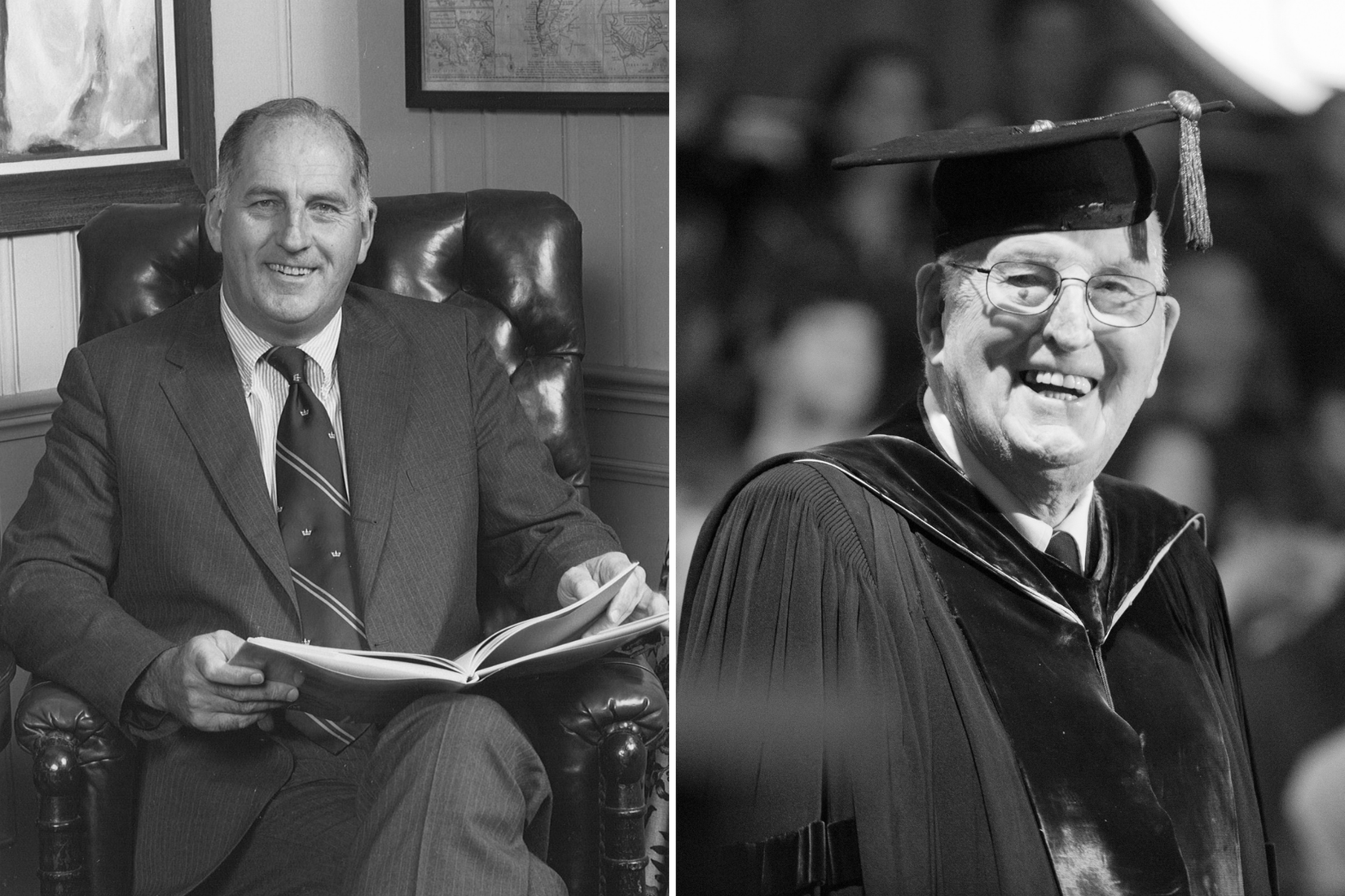 Photo of Thaddeus Seymour sitting in chair next to photo of Thaddeus Seymour smiling