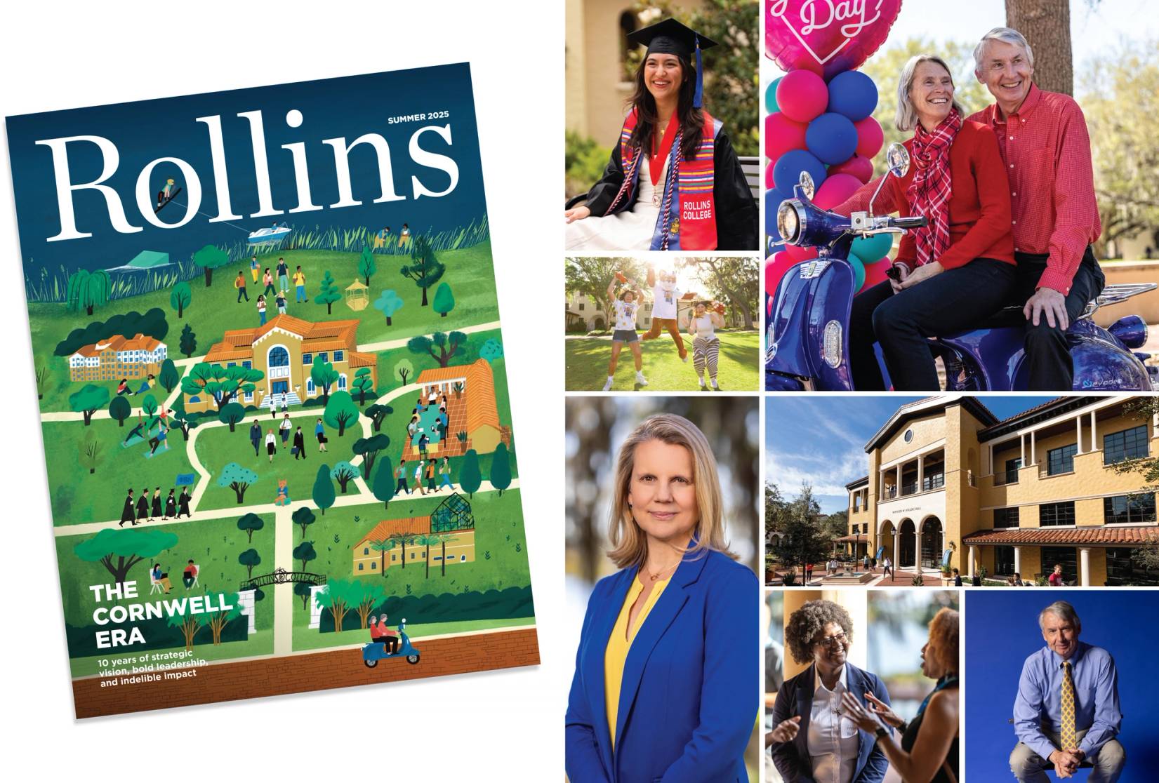 A grid of images from the summer 2025 issue of Rollins magazine