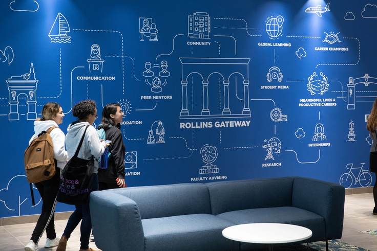Students walking past the mural in Kathleen W. Rollins Hall that depicts Rollins Gateway, the College’s signature approach to liberal arts education. 