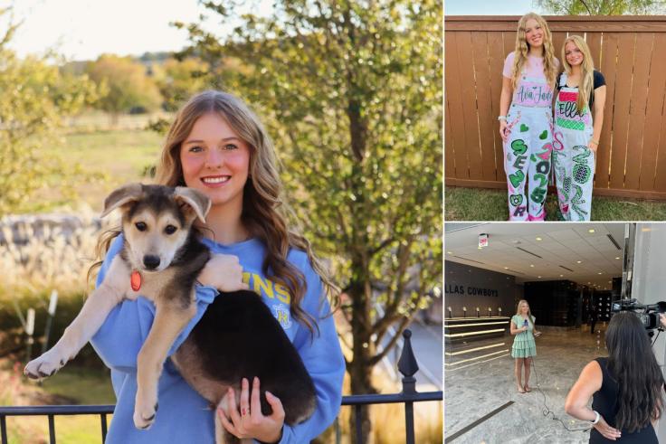 A grid of images showing Ava Cottingham in a Rollins sweatshirt posing with her dog, posing with her friend, and doing an on-air segment for the Dallas Cowboys.