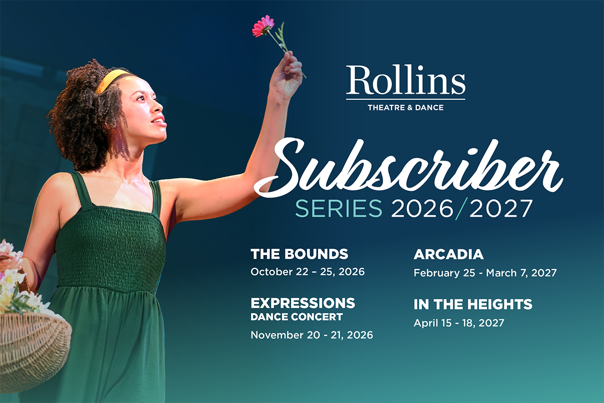 A woman holds a flower happily alongside the season titles