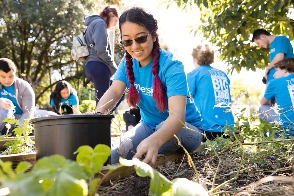 A student wearing sunglasses and a bright blue t-shirt pulls weeds in a community garden.