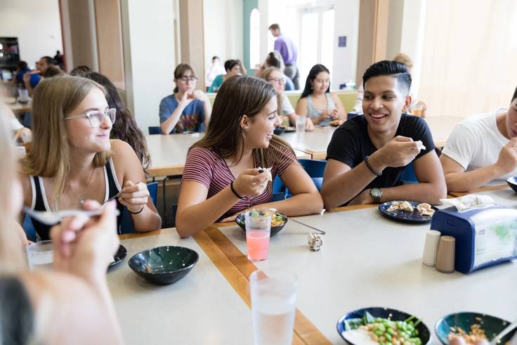 A group of international students have lunch together at Skillman Dining Hall.