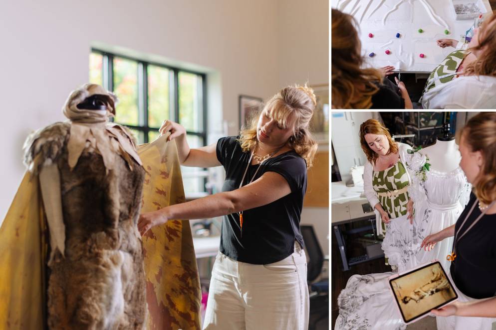 Student and faculty drape fabrics on mannequins while developing custom garments.