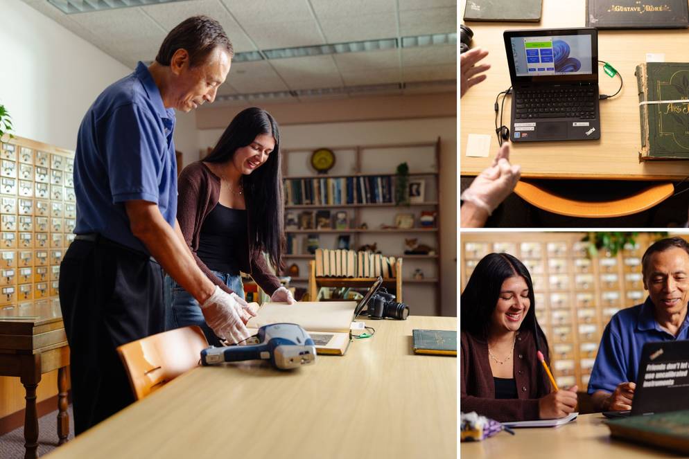 Student and faculty examine archived books and collaborate using digitization equipment and laptops.