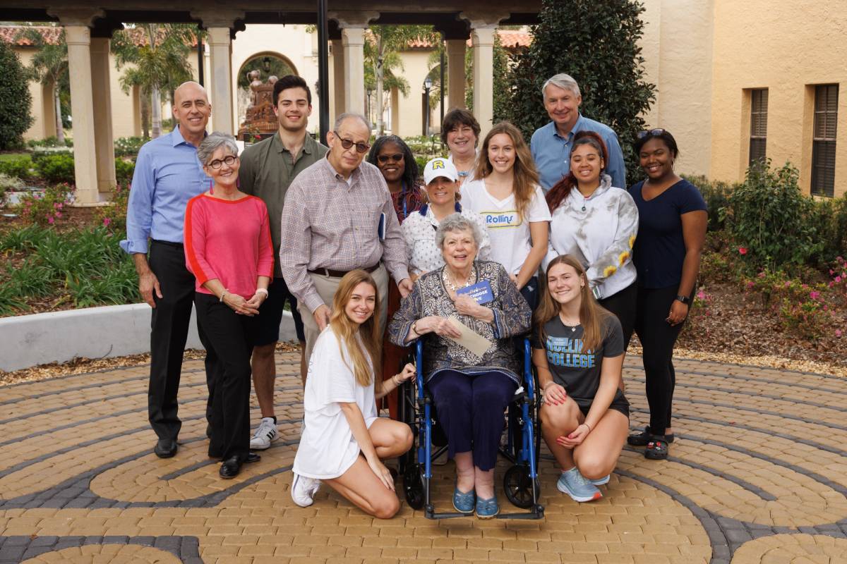 Students, staff, family, and friends of Polly Seymour at the Labyrinth