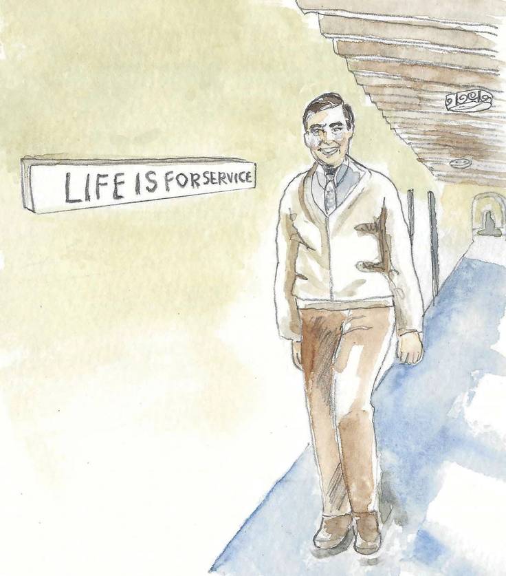 An illustration of Mister Rogers walking past the Life is for Service plaque.