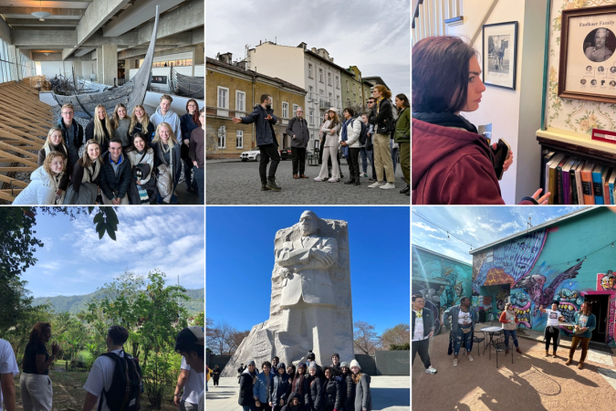 A grid of students participating in field studies and alternative spring breaks.