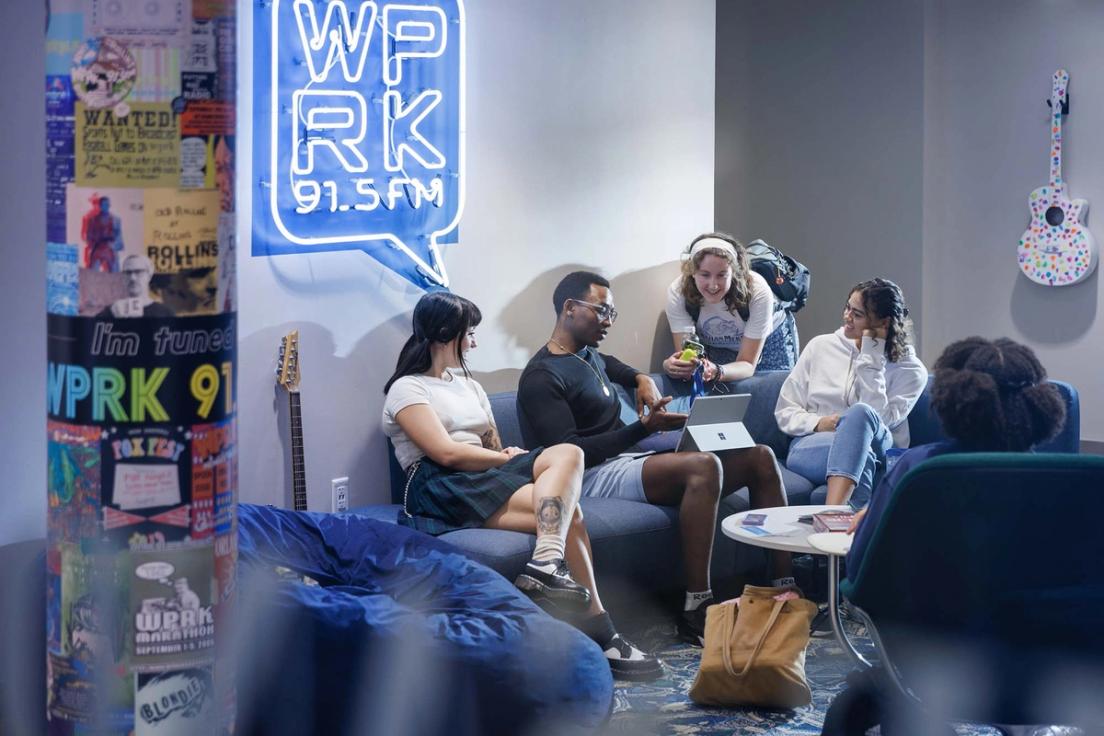 Students gather in the new WPRK lobby, located in Kathleen W. Rollins Hall. 