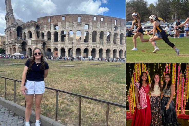 A grid of images showing Audrey Whele visiting the Coliseum, playing lacrosse, and dressed up with friends for an Indian wedding.