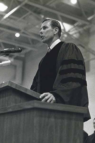 Judge Peter Fay ’51 speaking at Rollins’ commencement ceremony in 1971.