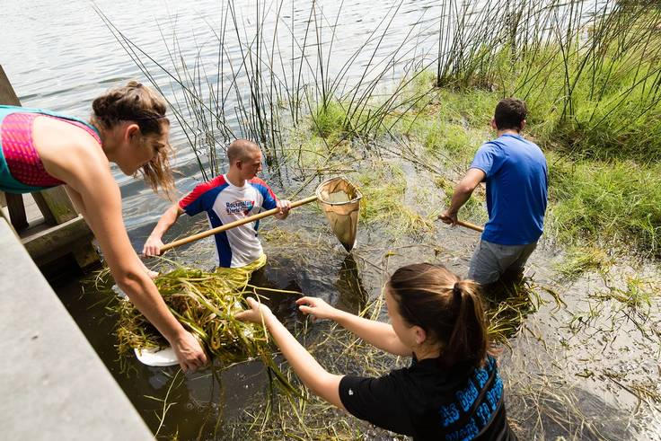 Students participating in a lake-cleanup event on campus.
