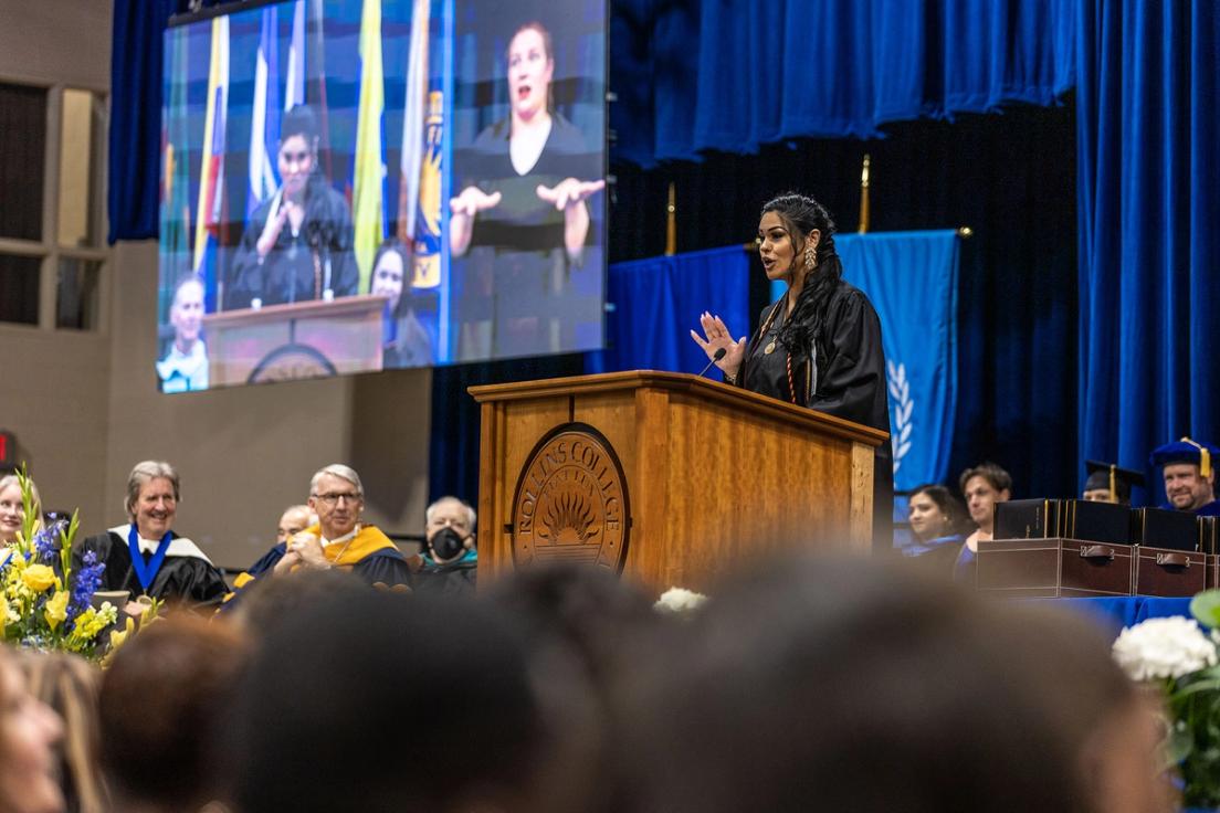 As the Professional Advancement Outstanding Senior, Daniebeth Martinez Negron ’23 delivered the commencement speech at Rollins on Saturday, May 13, 2023.