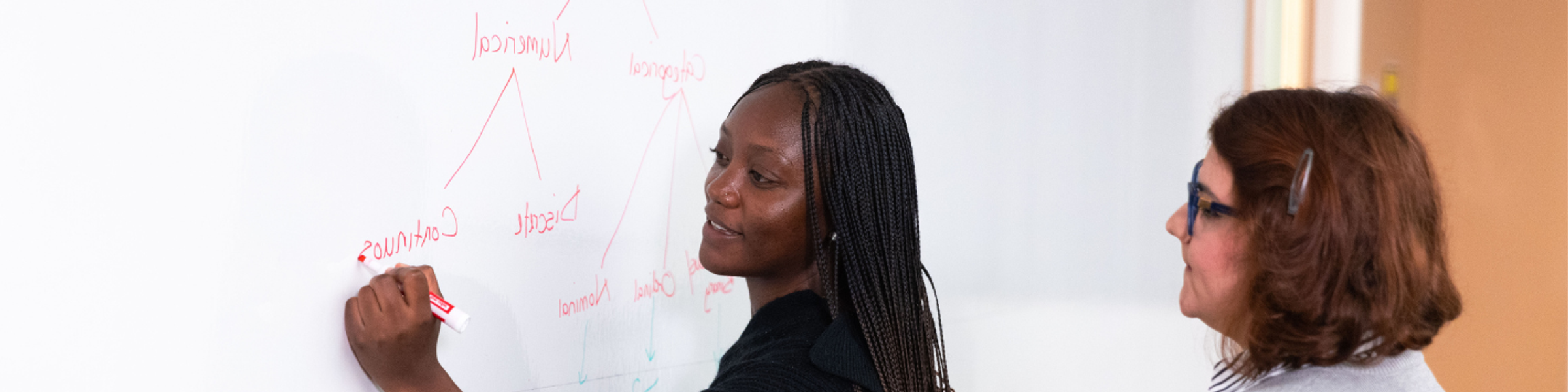 A public health professor discusses a concept in class a the white board with a student.