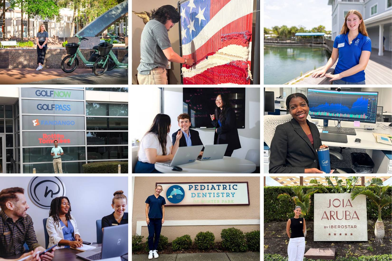 Collage highlights Rollins interns working across diverse professional settings and industries.
