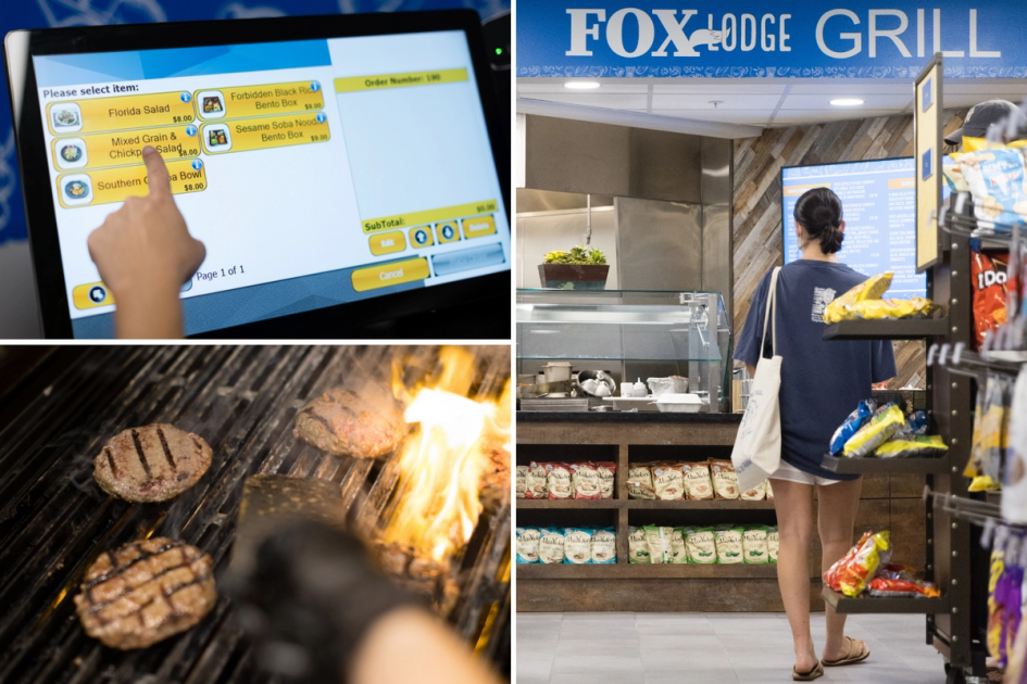 photos of Fox Lodge: burgers on the grill, electronic ordering screen, student waiting for food