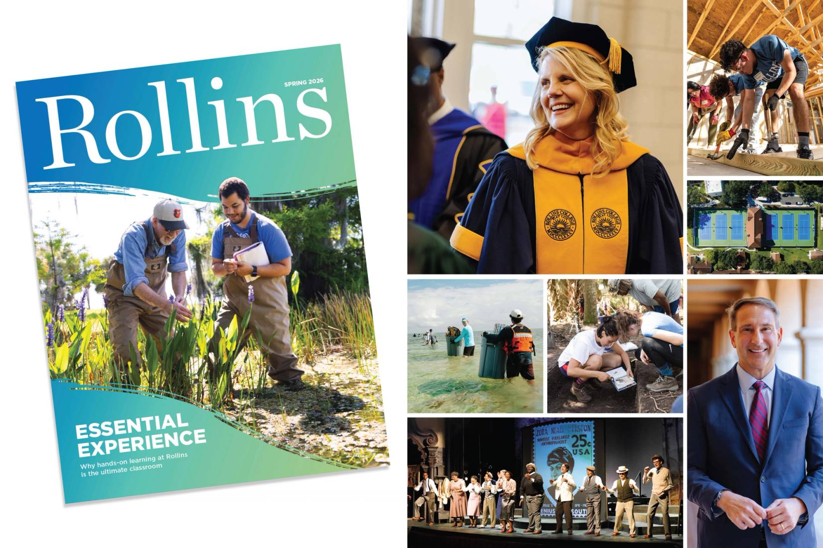 A grid of images from the fall 2026 issue of Rollins magazine 