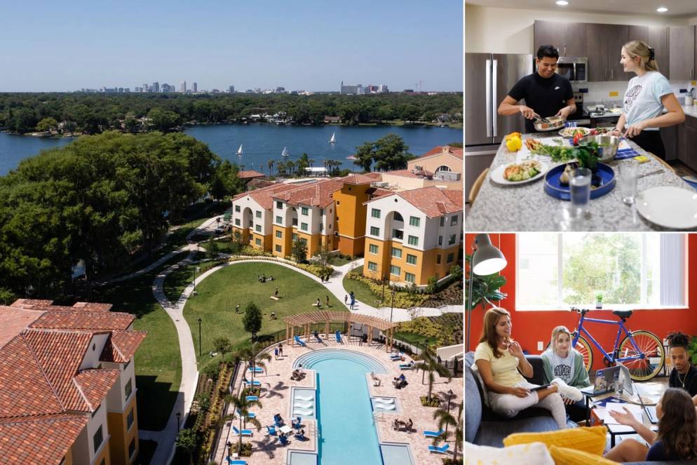 A grid of images showing the exterior of Lakeside Neighborhood and students inside the rooms