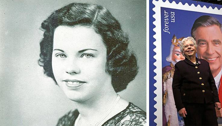 Joanne Rogers pictured in her yearbook photo at Rollins College in 1950 and in front of the commemorative stamp designed for her husband, Fred Rogers.