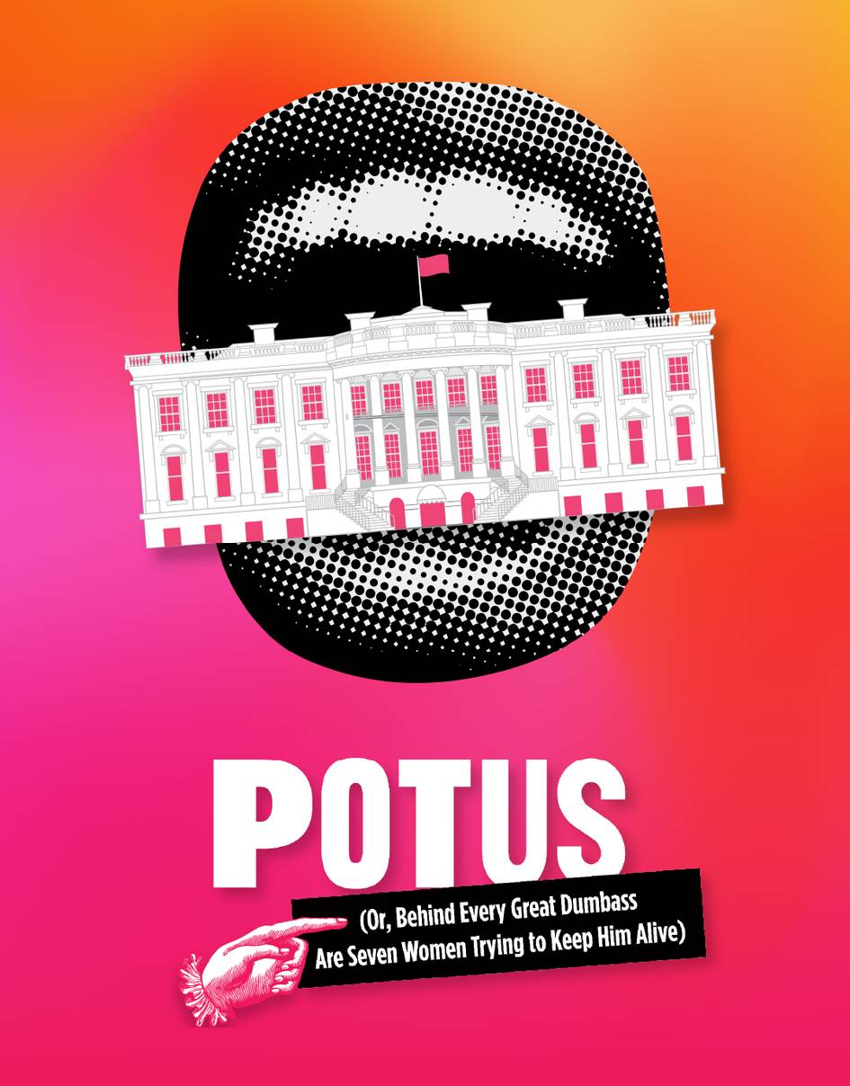 A pop-art mouth bites the White House in front of a neon pink and orange background. The White House has hot pink windows and a hot pink flag