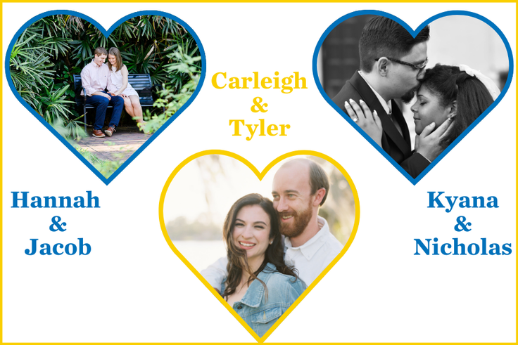 Three alumni couples with heart frames.