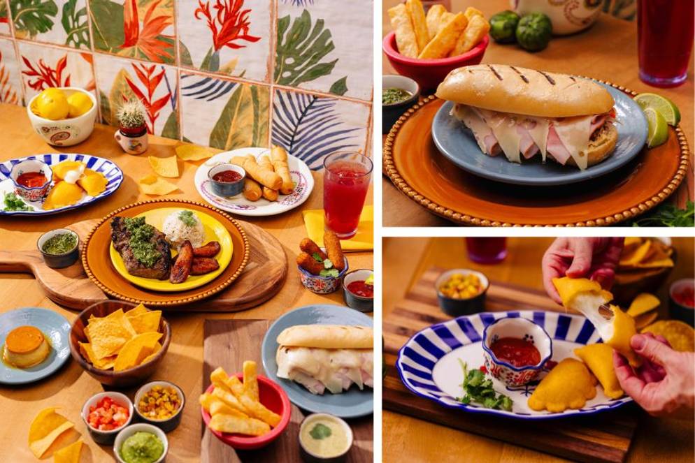 Colorful spread of sandwiches, steak, fries, empanadas, and dipping sauces from Tarpotle