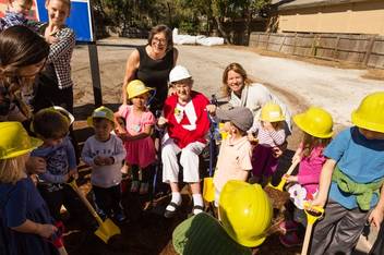 Augusta Hume ’39 (center) at the groundbreaking of the new Hume House Child Development & Student Research Center in February 2016.