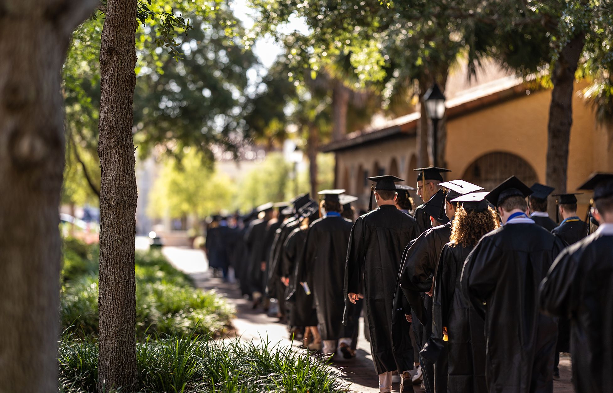 Students walking toward commencement ceremony