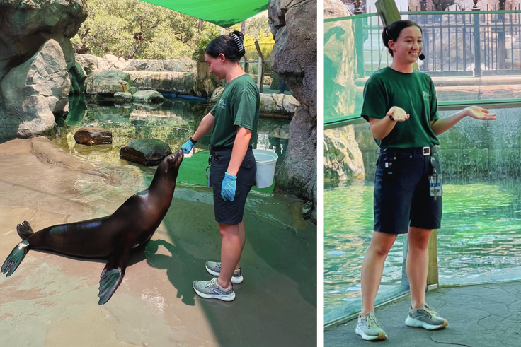 Rollins student Emma Greene with a sea lion