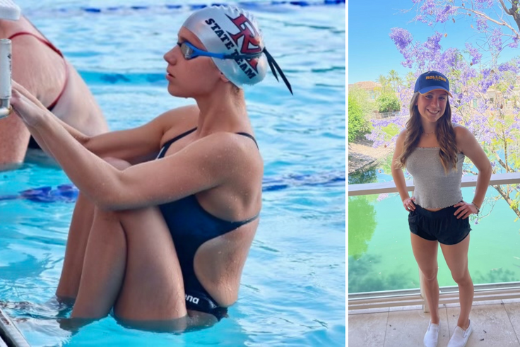 A grid of images showing Olivia Prelog in the water about to start a swim meet and posing next to a pool in a Rollins hat.
