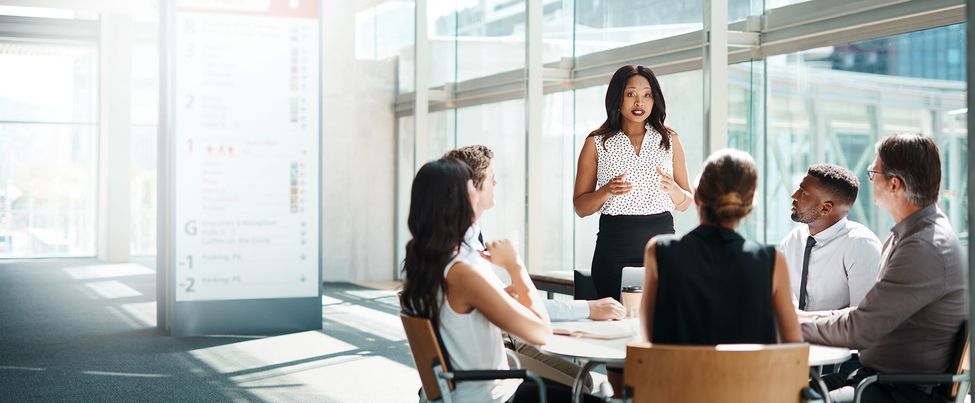 Team meets in an office building