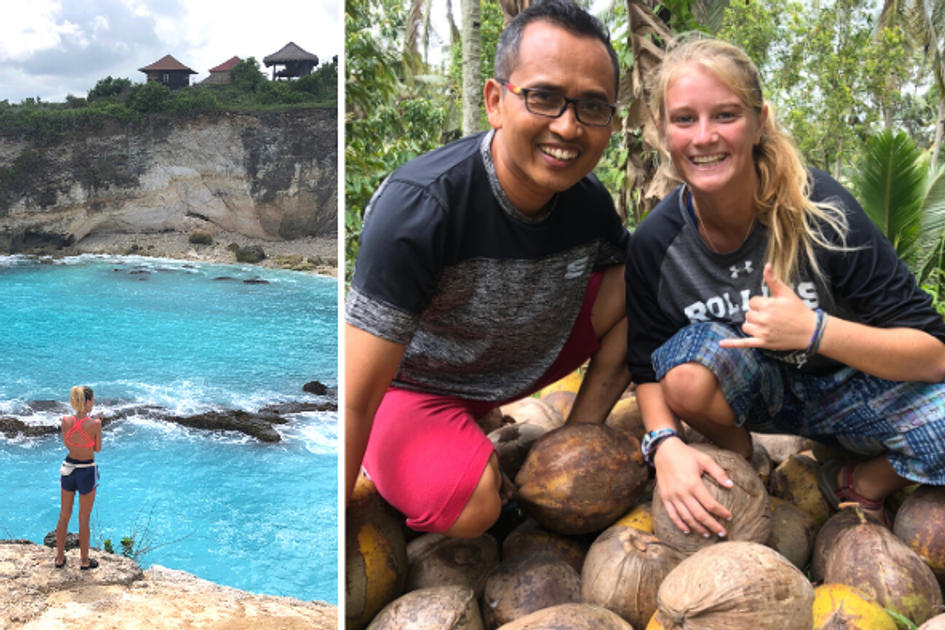 Student meets a local in Indonesia studying abroad and poses with coconuts and water.