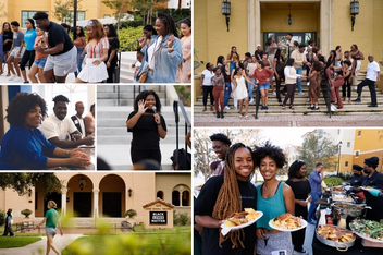 A photo collage showing scenes from various Black Student Union events such as Soul Food Sunday, a posed photo of the club on the steps of Kathleen W. Rollins Hall, and a breakfast with guest speakers