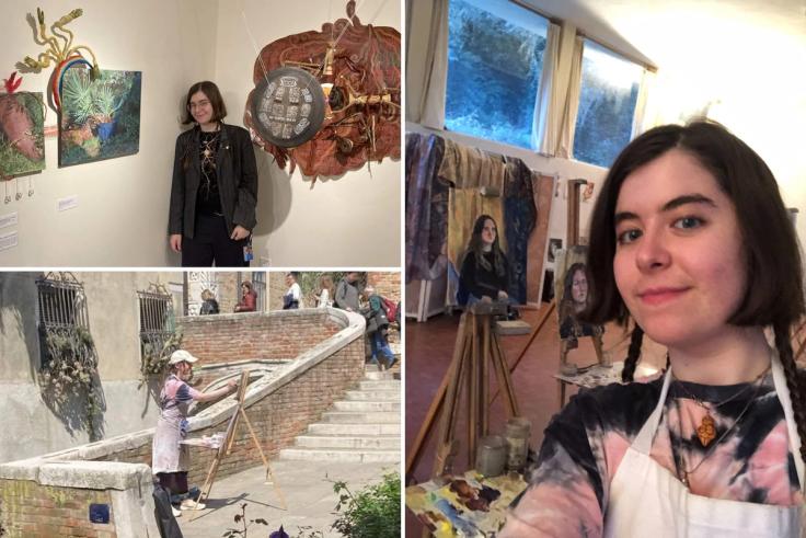 Artist posing with paintings in gallery and a studio, and plein air painting in Europe.