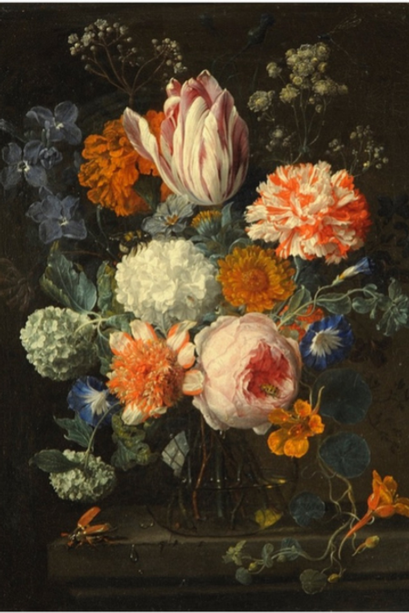 Oil on canvas still life of tulips, convolvulus, rose, and other flowers in a glass vase on a ledge