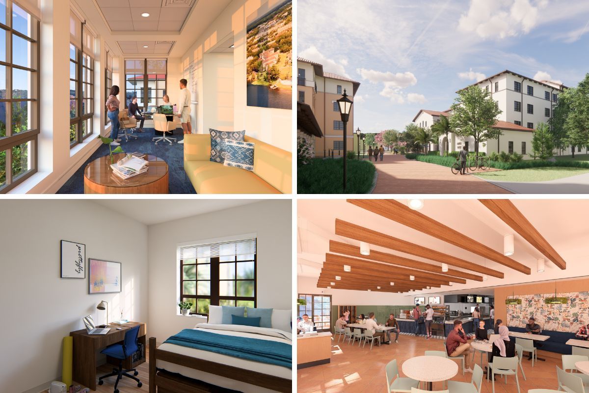 A grid of four photo renderings that preview East End Neighborhood, a new residential community at Rollins College.