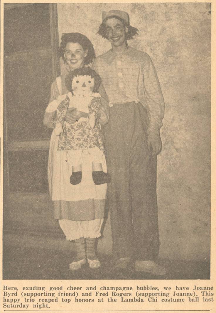 Featured in The Sandspur in 1949, Joanne and Fred Rogers dressed up for a Halloween costume contest. 