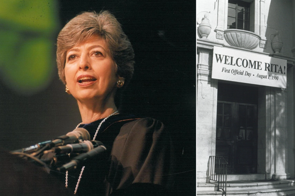 Rita Bornstein on her inauguration day as the first woman president of Rollins and a sign welcoming her to campus. 