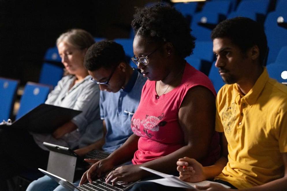 Theatre professor Marianne DiQuattro and Conner Chaumley ’26, Yasmine Hudson ’27, and Max Payton ’27