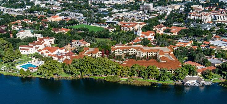 An aerial view of the Rollins campus from over Lake Virginia.