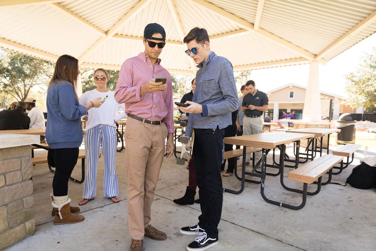 College students standing under a large pavilion while looking at their cellphones.