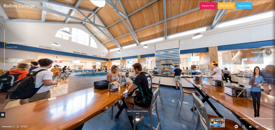 A screen shot of the Rollins virtual tour stop for the campus dining hall.